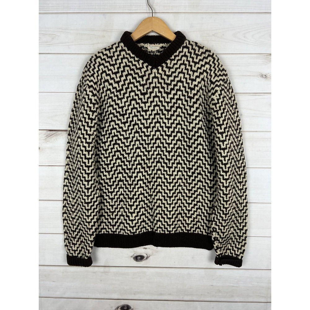Roberta Lehmann Sweater Mens Large Brown Cream Chevron Zigzag Knit Crewneck